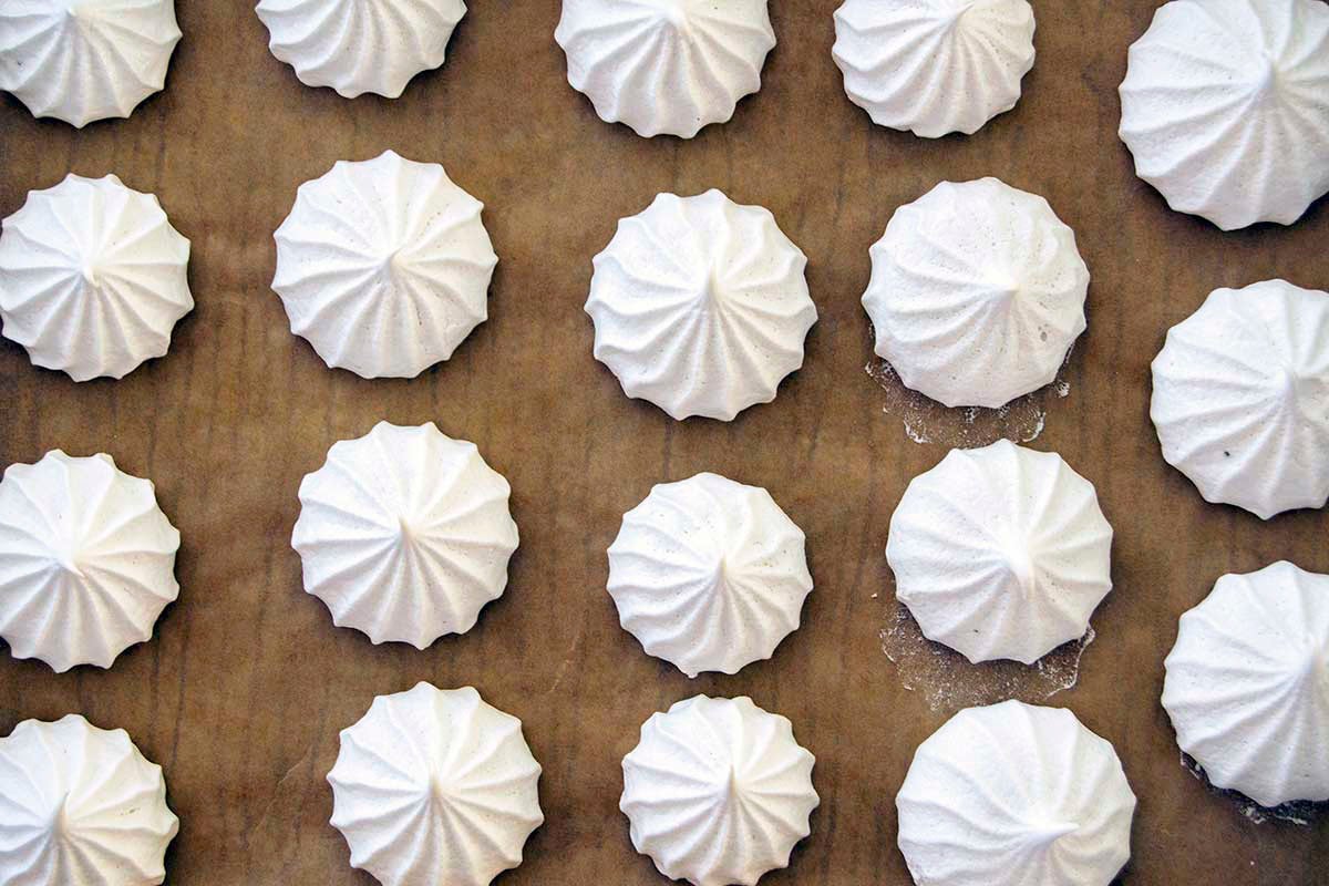 Pan of baked aquafaba meringues